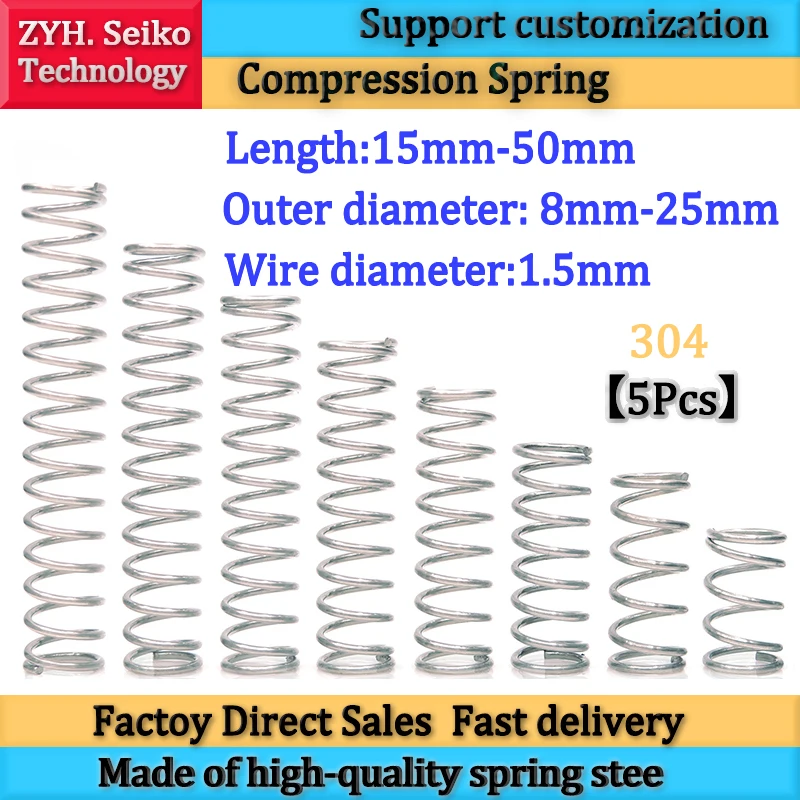 Resorte comprimido de 1,5mm de diámetro de alambre, garantía de calidad, resorte de presión duradero, diámetro externo de 8-25mm, acero inoxidable 304