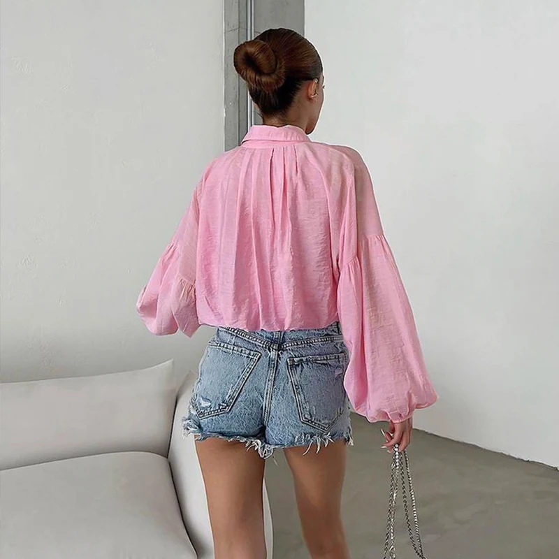 InsLucky Chiffon Lantern Sleeve Blouse Women Single Breasted Loose Cropped Top Turndown Collar Folds Office Lady Blouse Tops