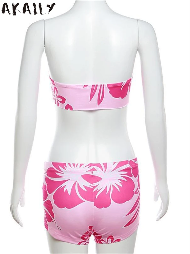 Akaily Summer Flowers Print 2-teilige Sets Hotsweet-Outfits für Frauen 2024 y2k rücken freie, figur betonte Röhren oberteile und passende Shorts