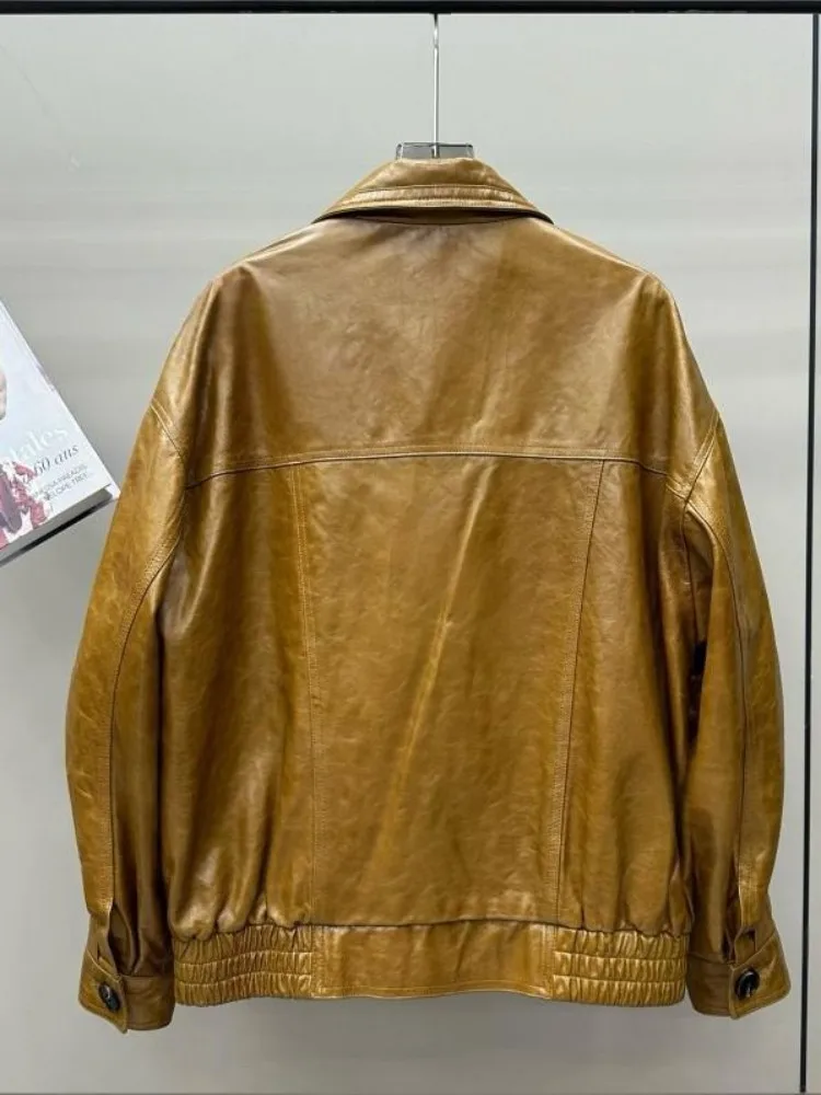 الخريف خمر النفط الشمع معطف جلد الغنم عادية فضفاضة تناسب المرأة سترة جلدية حقيقية ترتيب الأسرة طوق ملابس خارجية سترة واقية الإناث