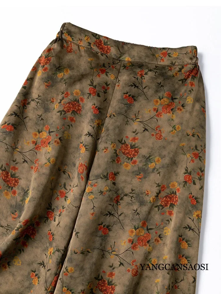 Women's Spring/Summer Fashion Clothing Heavy 100% Natural Mulberry Silk Gambiered Guangdong Gauze Retro Straight Legged Pants