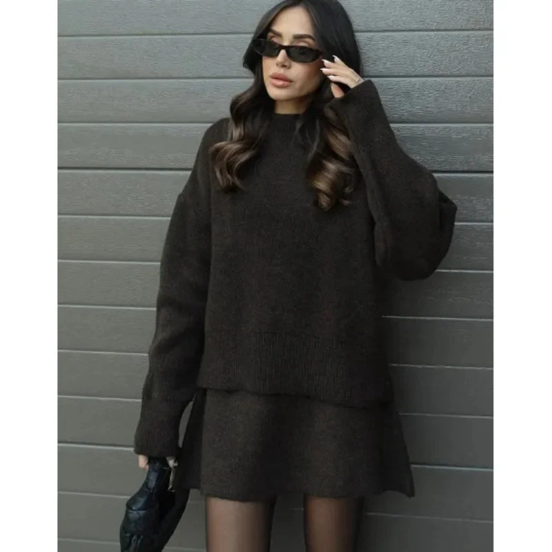 Solid Color Sweater Short Skirt 2 Piece Set Women American Korean Casual Retro College Knitted Sweater Short Skirt Mid Waist Set