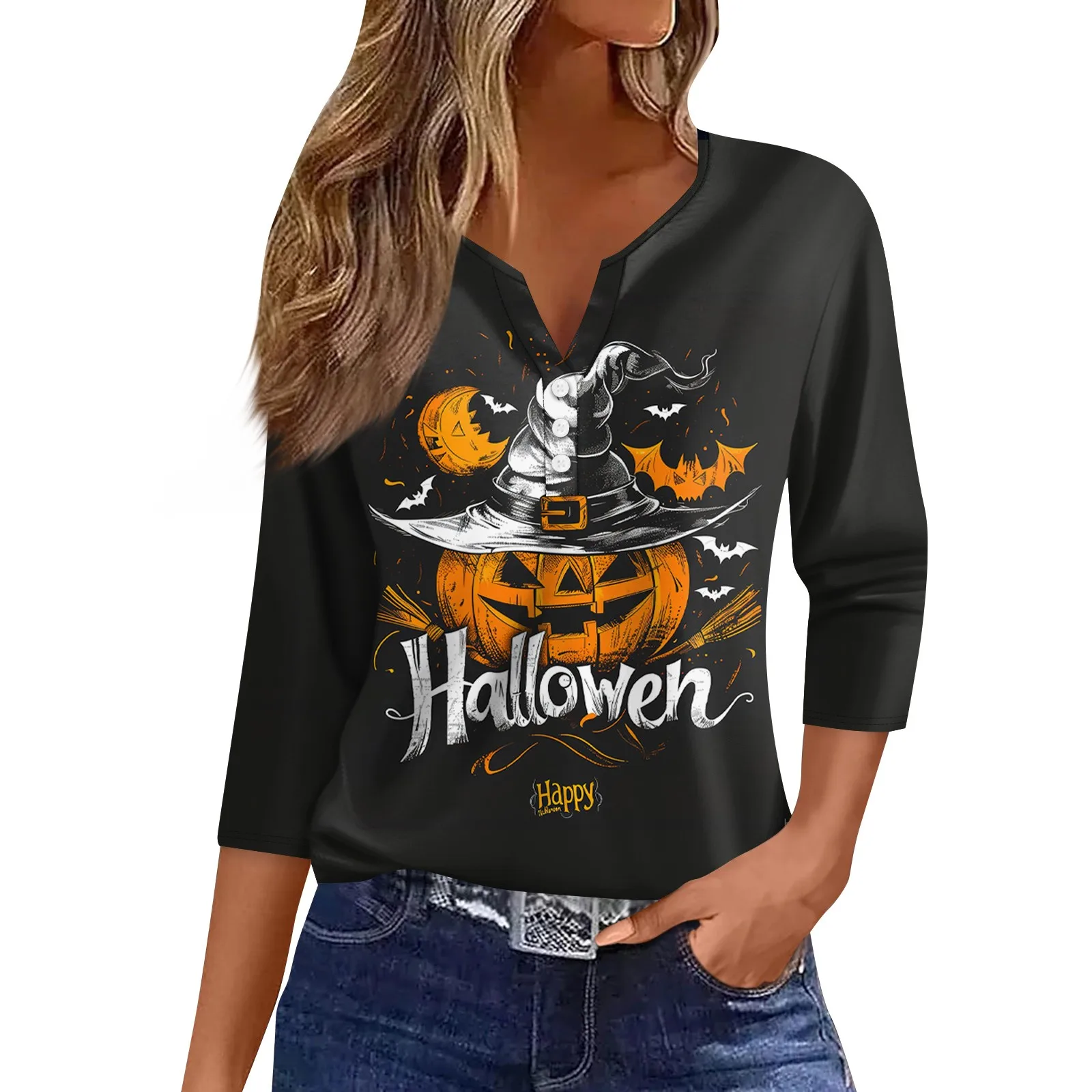 Women\'s Happy Halloween printed T Shirt Tee Print Button 3/4 Sleeve Daily Weekend Fashion Basic V Neck Regular Women\'s blouse