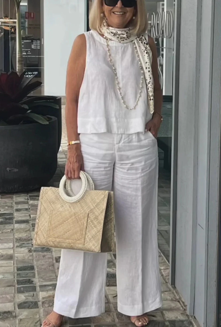 

Spring Summer Cotton And Linen Pant Sets Women Fashion Solid Sleeveless Tank Top Two Piece Sets Casual Loose Wide Leg Pants Suit