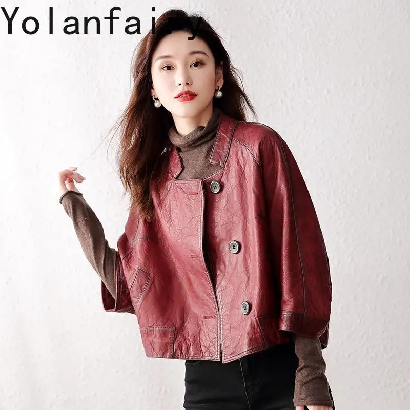 YOLANFAIRY 정품 가죽 양피 코트 여성 의류 짧은 가죽 망토 루즈 코트 및 여성용 재킷 빈티지상의