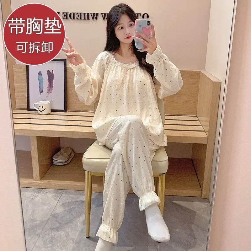 بيجامات قطنية سحابية مع وسادات صدر للنساء ، طقم بنطلون حلو بأكمام طويلة ، ملابس منزلية للربيع والخريف ، مقاس كبير ، عرض عرض فضفاض ، جديد