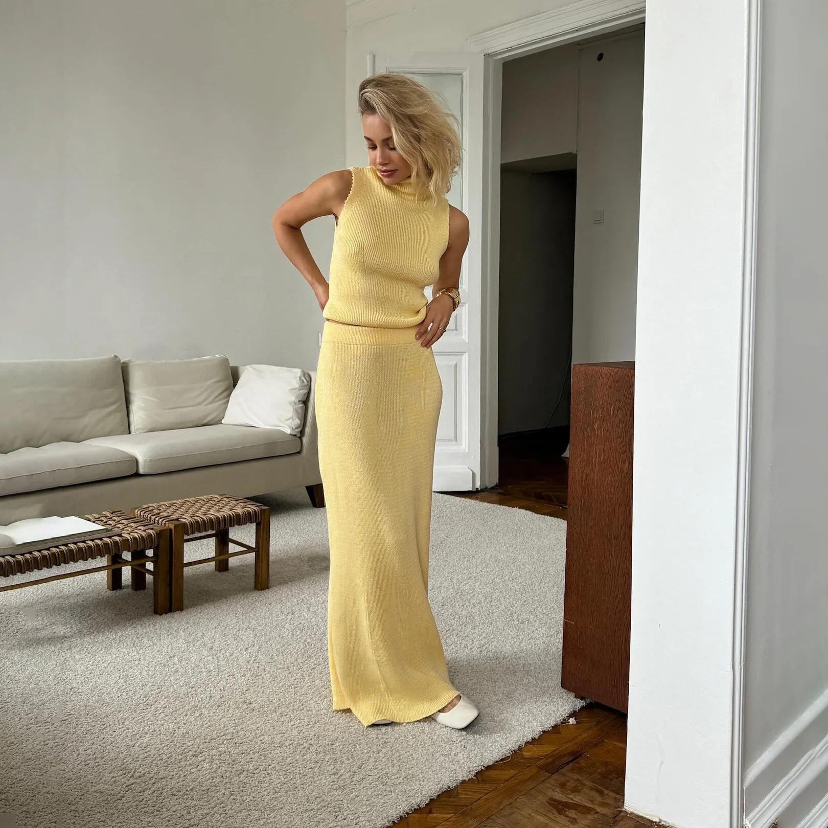 Lente zomer dames gebreid pak met rok en top Elegant geel lang modieus tweedelig pak met rok voor dames