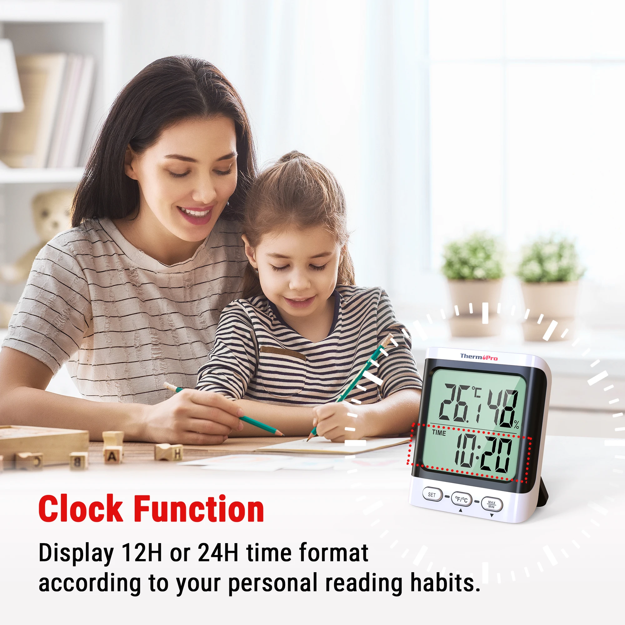 ThermoPro TP152 Large LCD Screen Digital Indoor Home Thermometer Hygrometer With Clock Function