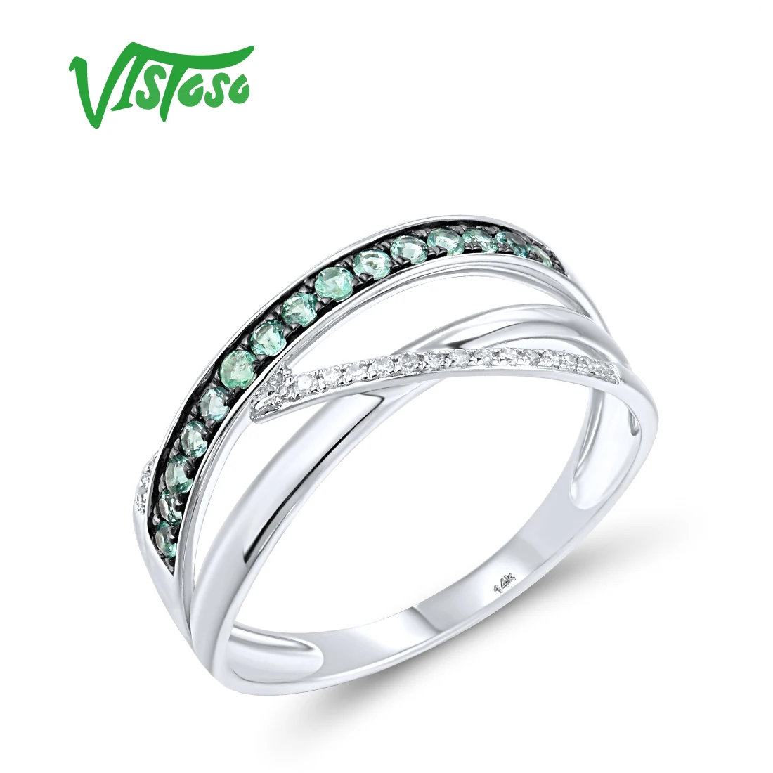 VISTOSO Genuine 14K 585 White Gold Ring For Women Sparkling Diamond Emerald Elegant Engagement Wedding Cross Band Fine Jewelry