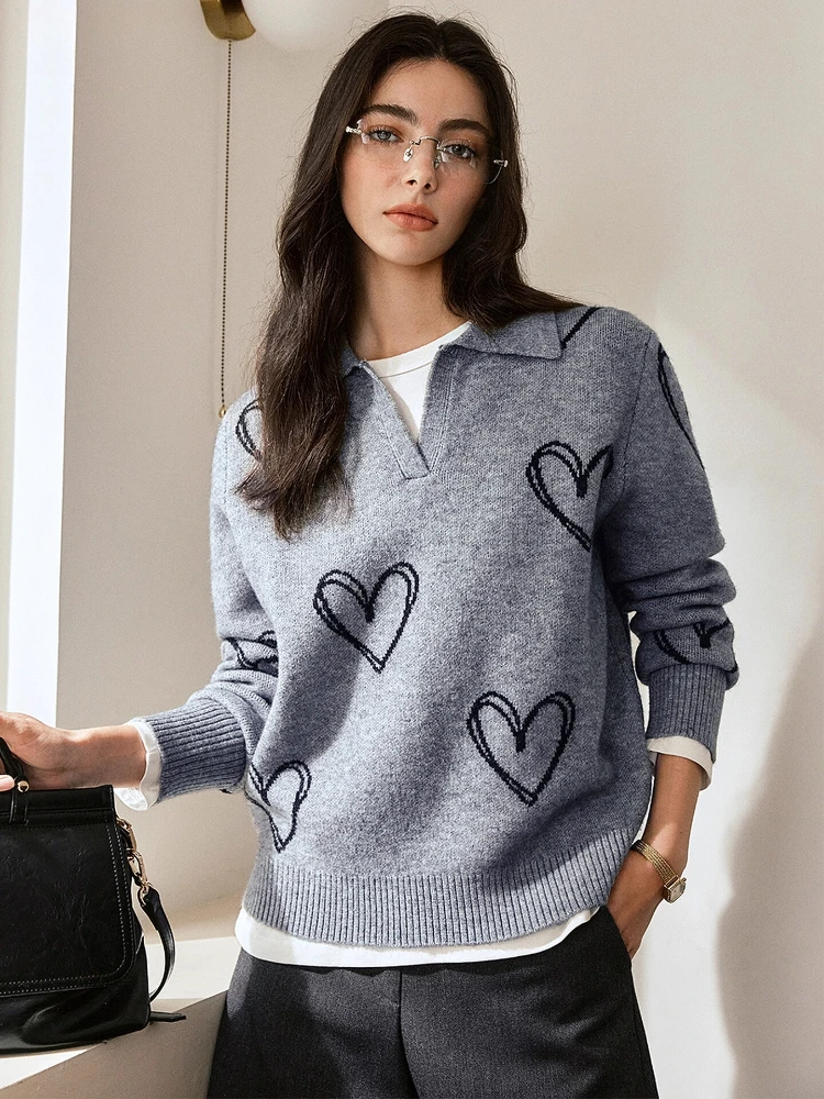

OLrain Women's Knitted Pullover Sweaters 2025 Autumn Turn-down Love Jacquard Jumper Fashion Commute Female Tops O57QM000890