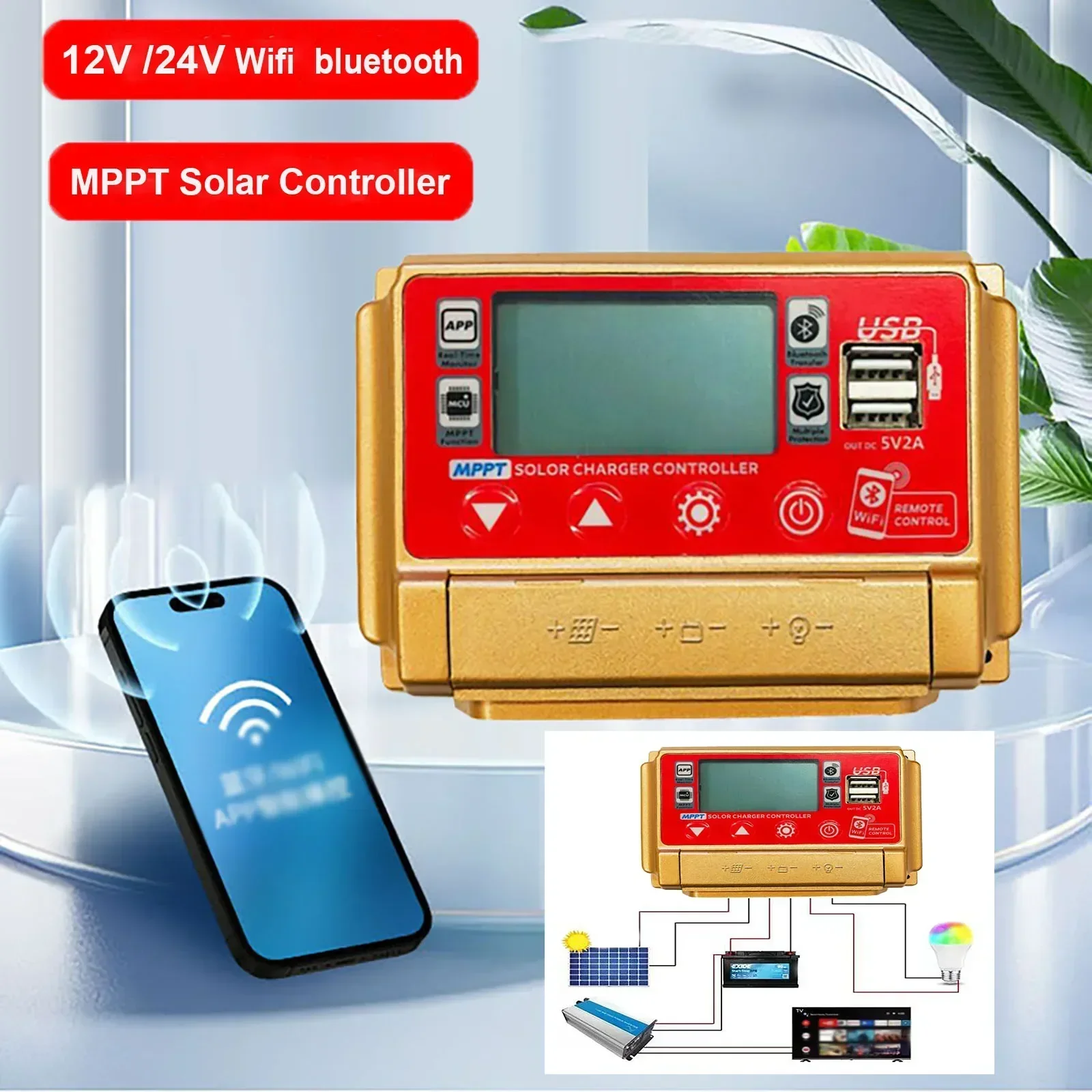 

12/24V MPPT Solar Charge Controller Wifi Bluetooth Solar Panel Battery Smart Regulator High Definition LCD Digital 30A 50A 60A