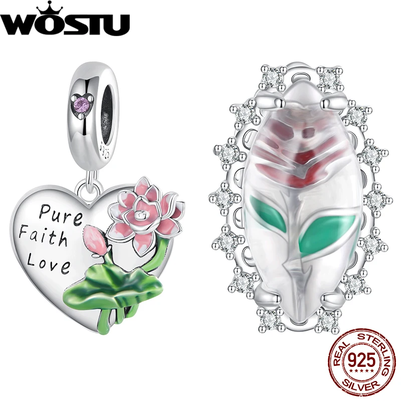 Wostu 925 Sterling Zilveren Lotus Opknoping Kraal Rose Gegraveerde Charm Gift Voor Vrouwen Fit Originele Armband Ketting Fijne Sieraden