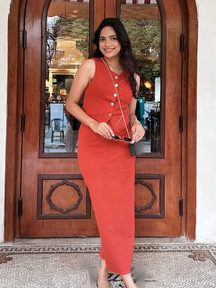 HH レディース ツーピースセット Oネック ノースリーブ シングルブレスト ニットベストトップ+エレガントな伸縮性ウエスト スリットヘムデザイン ミディスカート