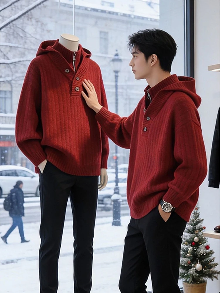 

Красный вязаный свитер для мужчин на зиму с высоким воротником на молнии, имитация двухслойности, эффектное новогоднее мужское белье