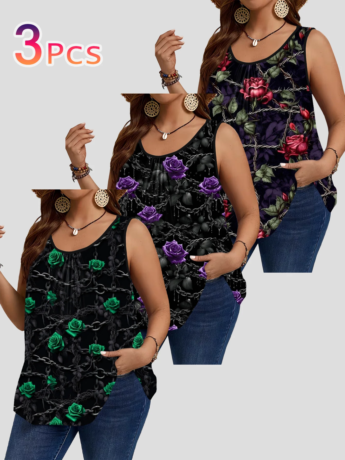 3-Piece Set of Plus-Size Women's Black Base Chain Rose Print Tank Tops, Round Neck Loose Sleeveless Tops