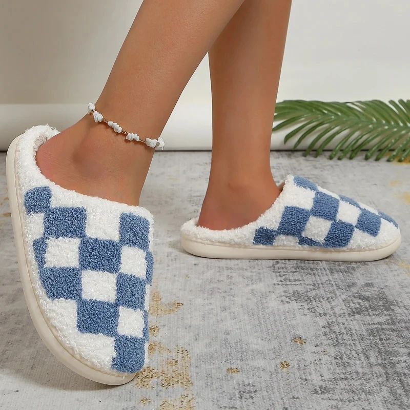 

Cute Green White Checkered Furry Fur Slippers Women Winter Warm Plush House Slippers Man Comfy Fulffy Slides Indoor Home Shoes