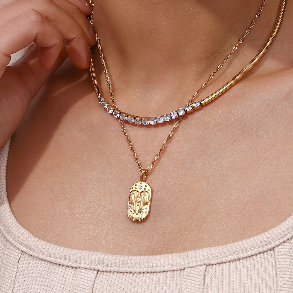 MamacitaSlay 316L Stainless Steel Zircon 12 Constellation Tarot Card Necklace 18K Gold Plated Waterproof Jewelry Women\'s Gifts