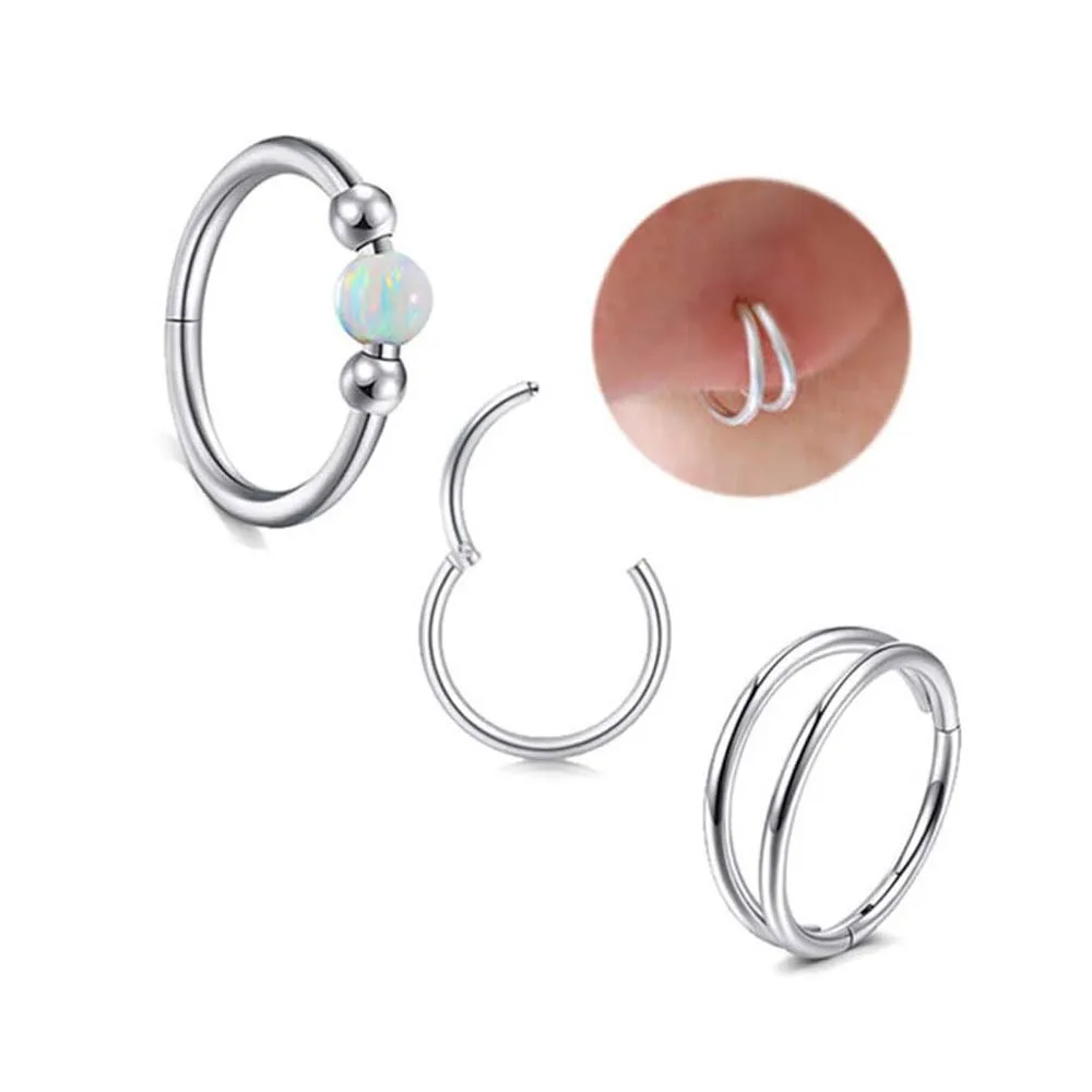1Pcs/3Pcs Double Hoop Nose Ring Piercing Jewelry For Women Men Silvery Opal Surgical Steel Cartilage Earring Helix Hoops 18g