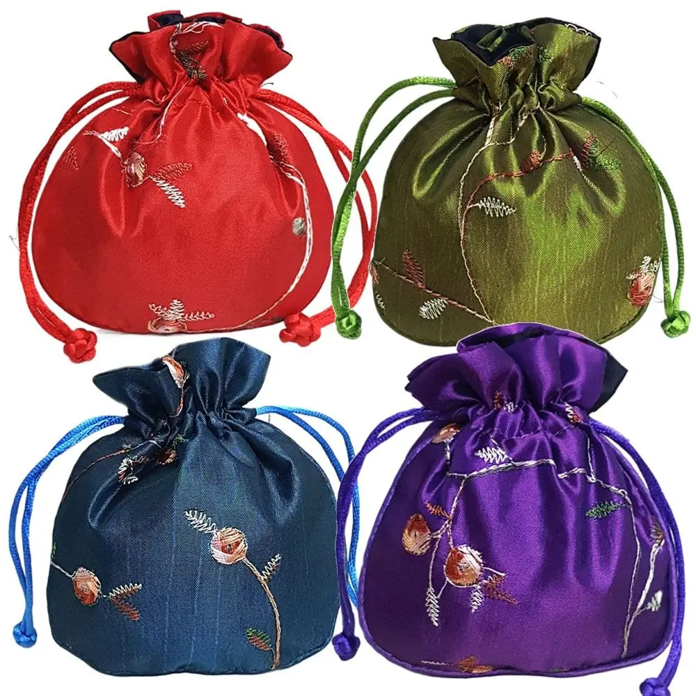 Jewelry Bag Top Handle Embroidered Flower Handbags Handmade Ethnic Style Small Bucket Bag Purse Drawstring Bag Women