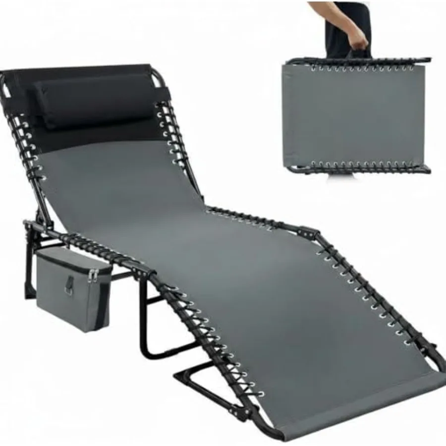 

Chaise Lounge Chair Outdoor 5-Position Adjustable Sun Tanning Chair with Carrying Handle and Side Pocket Folding Bed Cot with R