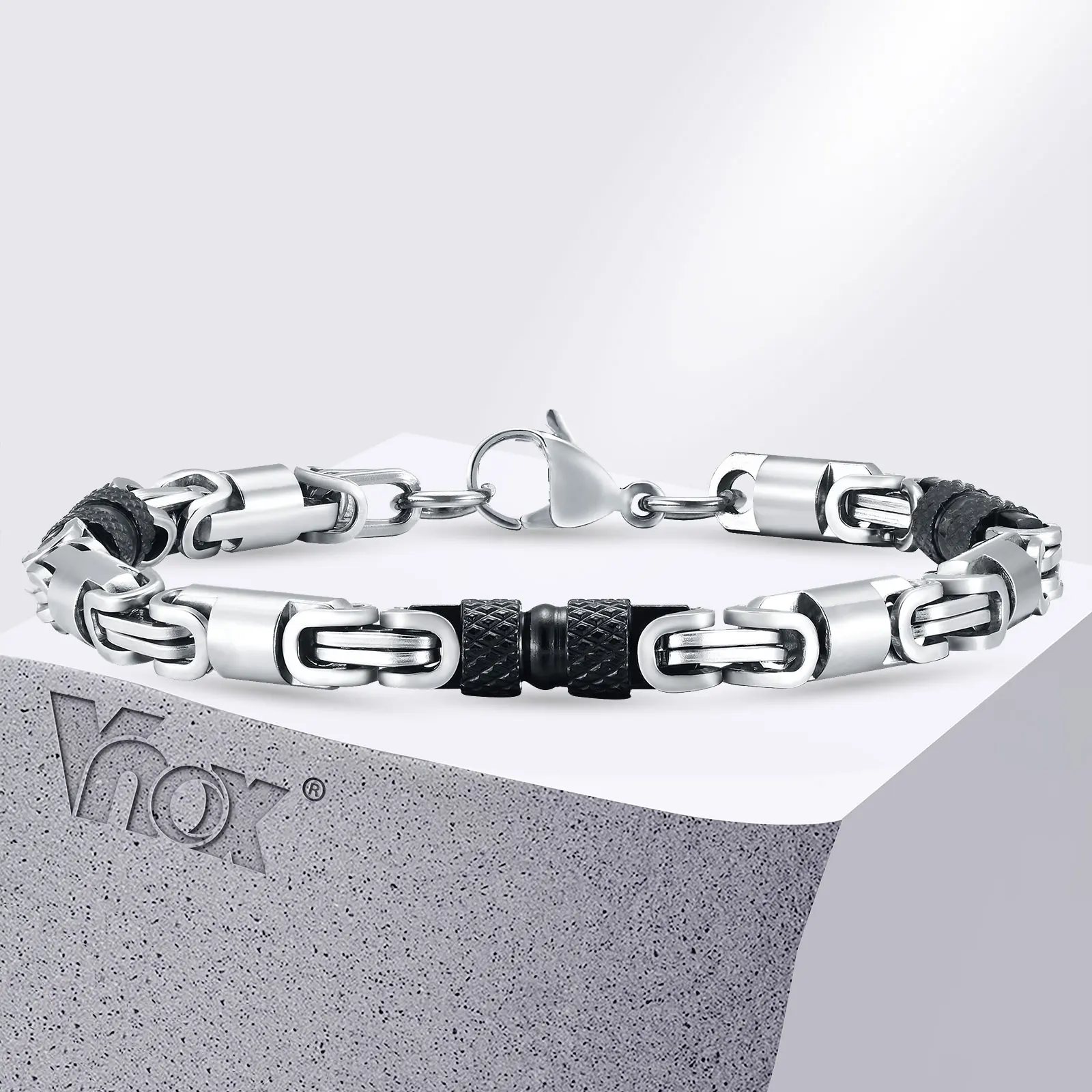 Vnox 6mm Cool Byzantine Bracelets for Men Boys, Black Silver Color Stainless Steel Link Chain Wristband,Punk Rock Hiphop Jewelry