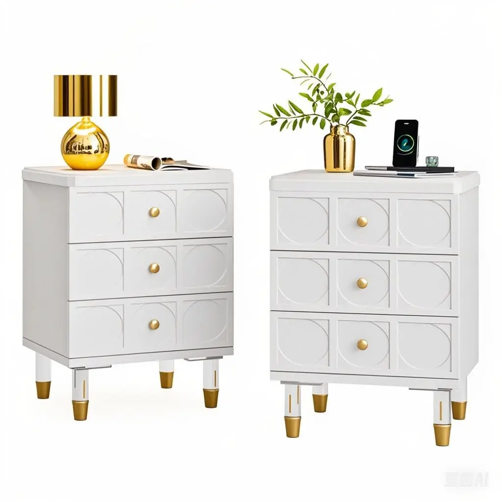 Modern White Nightstand Set of 2 with 3-Drawer Storage Narrow Bedside Side Table with Gold Acrylic Legs for Bedroom, Customized