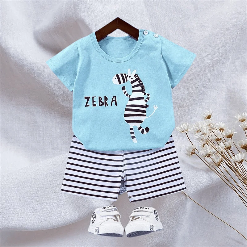 Kid Boy Summer Short Sleeves Tees+Stripe Shorts 2-piece Clothes Set Cartoon Zebra Print Soft Cotton Sports Casual Suit 1-6 Years