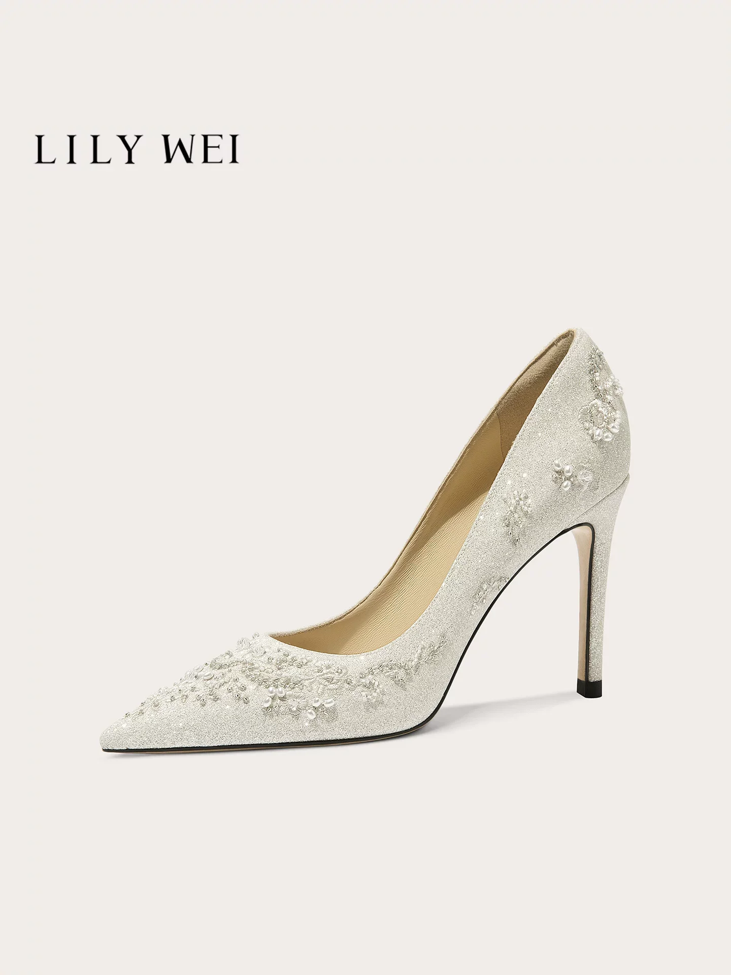 Autumn new pointed sequin rhinestone pearl embroidered wedding shoes, banquet large size small size slim high-heeled women shoes
