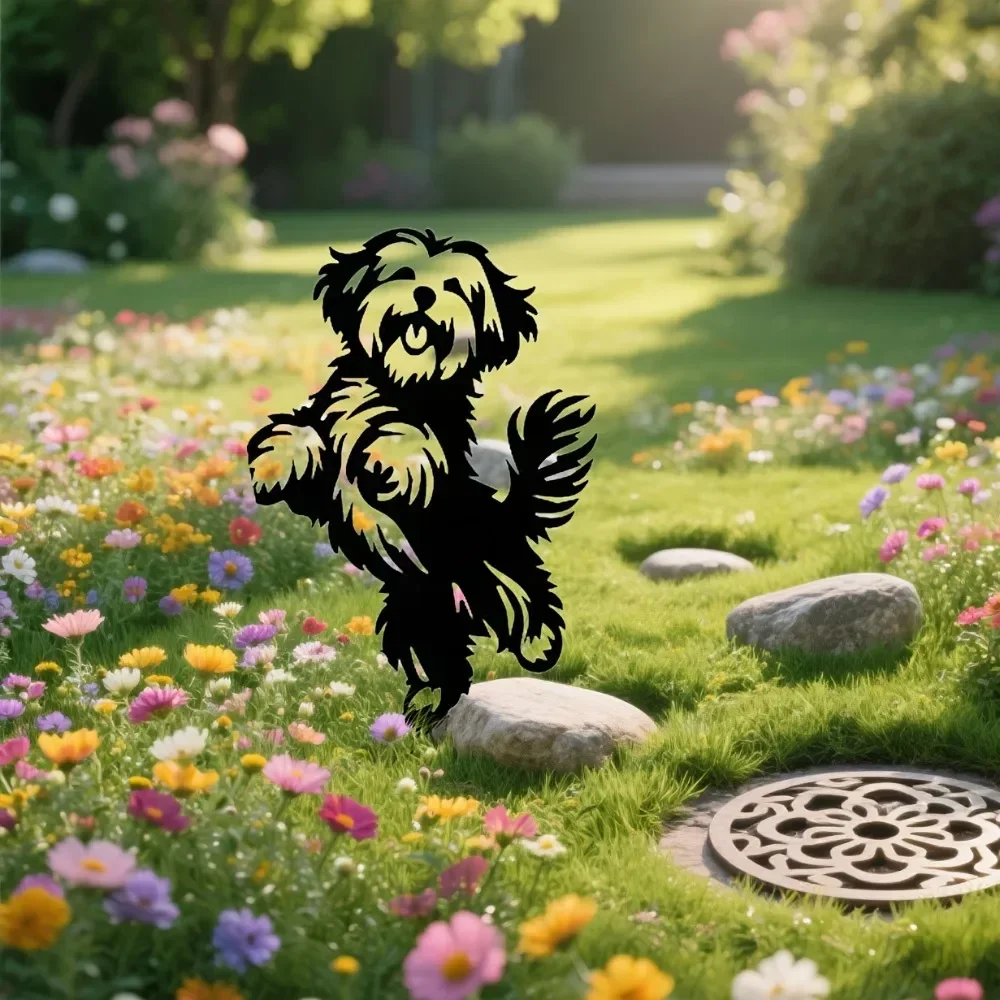 Brand 2D Flat Iron Art Havanese Dog Ground Plug Happy Jumping Puppy Yard Ornament Transparent Durable Lawn Patio Decor