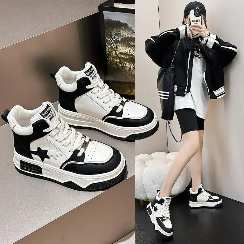 

High Top Casual Women's Sneakers Thick Bottom Leisure Board Shoes Leather Fashionable Flat Heel round Toe Daily Wear