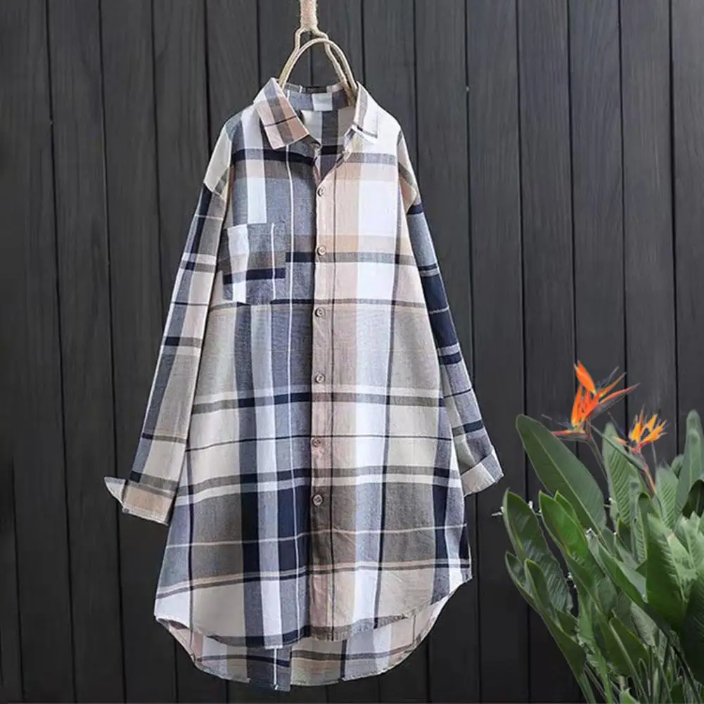 Breathable Women Blouse Colorful Plaid Print Women's Shirt with Pocket Loose Fit Lapel Long Sleeve Mid-length for Women