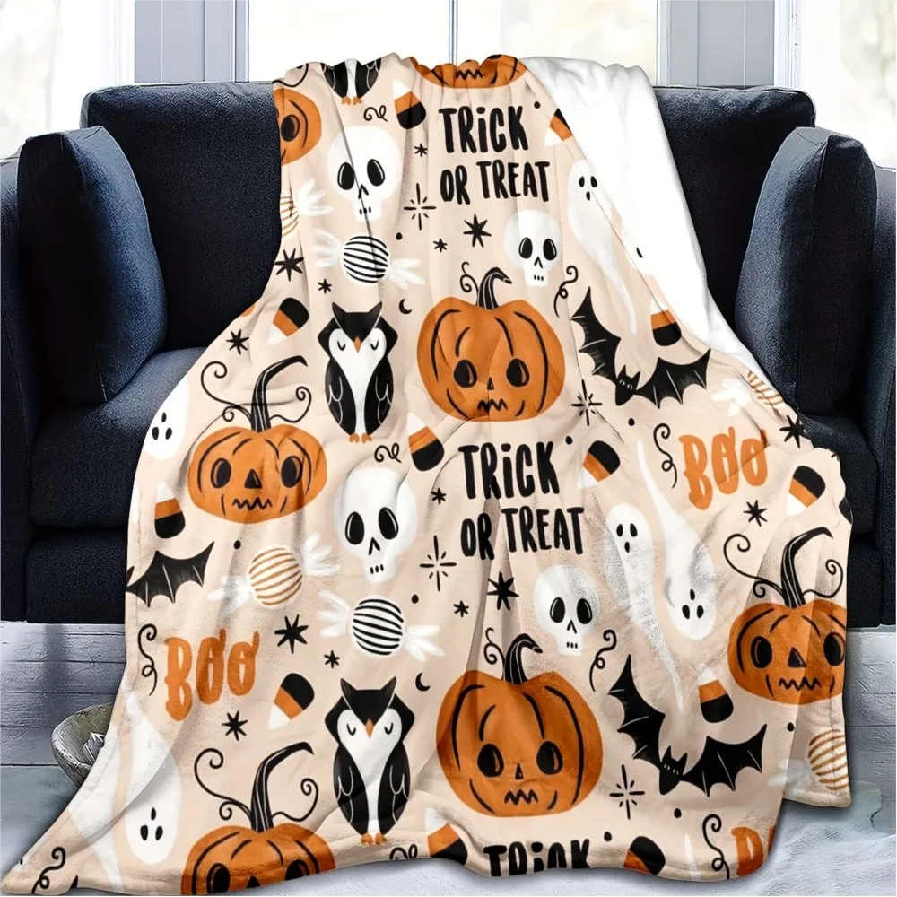 1pc Halloween Element Print Flannel Blanket Bat Pumpkin Ghost Owl Pattern Throw Blanket Nap Travel Sofa Bed Office Room Decor