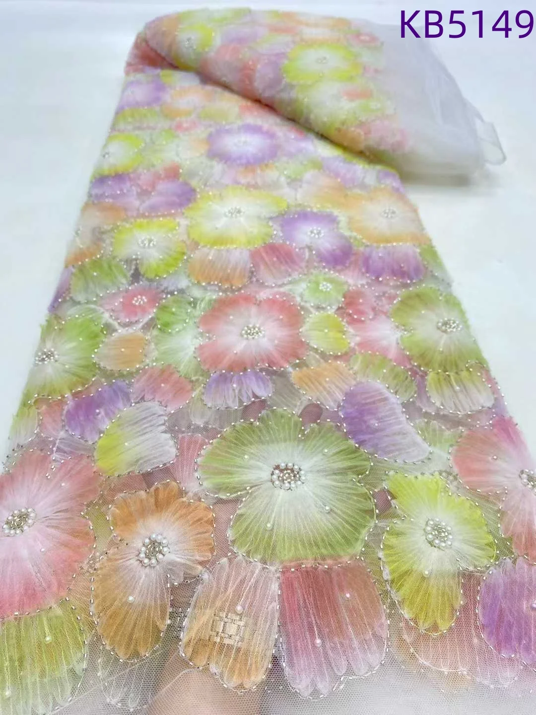 3D Flora Pearls Beaded French Mesh Lace Fabrics Nigerian Lace Fabrics 2025 Green Sequence Tulle Lace Fabrics For Sewing KB5149