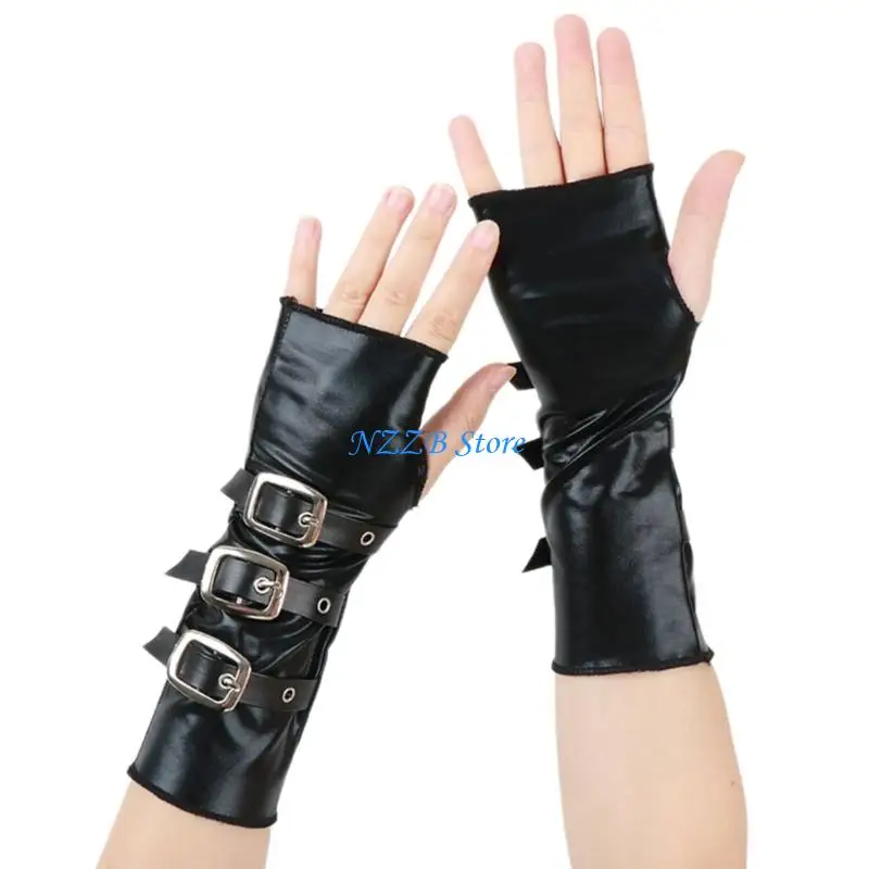 

T21F Punk PU Leather Fingerless Gloves with Metal Clasps Fashion Cosplay Costume Accessory Arm Sleeves for Daily Party Wear