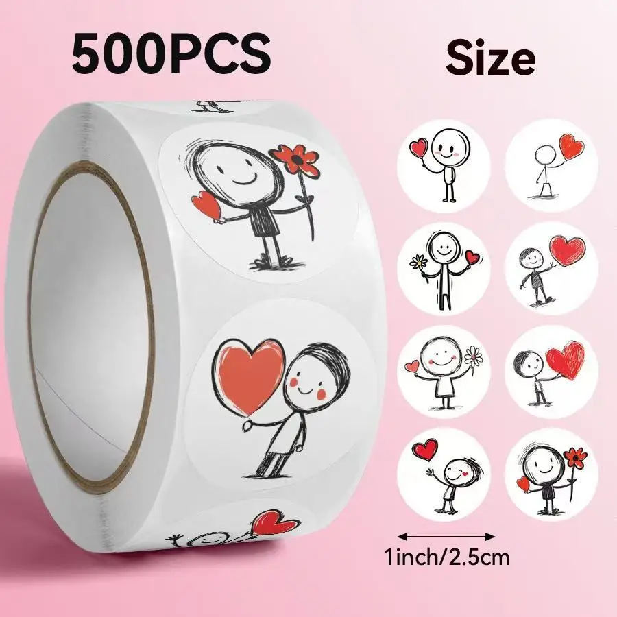 500Pcs Cute Stick Figure Heart Round Stickers Roll Self‑Adhesive Label Love Flower Sticker for Valentine Envelope Seal Scrapbook