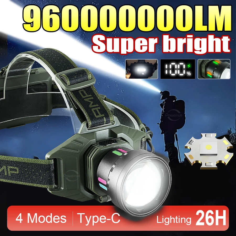 

960000000LM Высокая мощность, сильный свет, светодиодная фара, дальний выстрел, 8900 м, налобный фонарик 18650, перезаряжаемый налобный фонарь для рыбалки и кемпинга