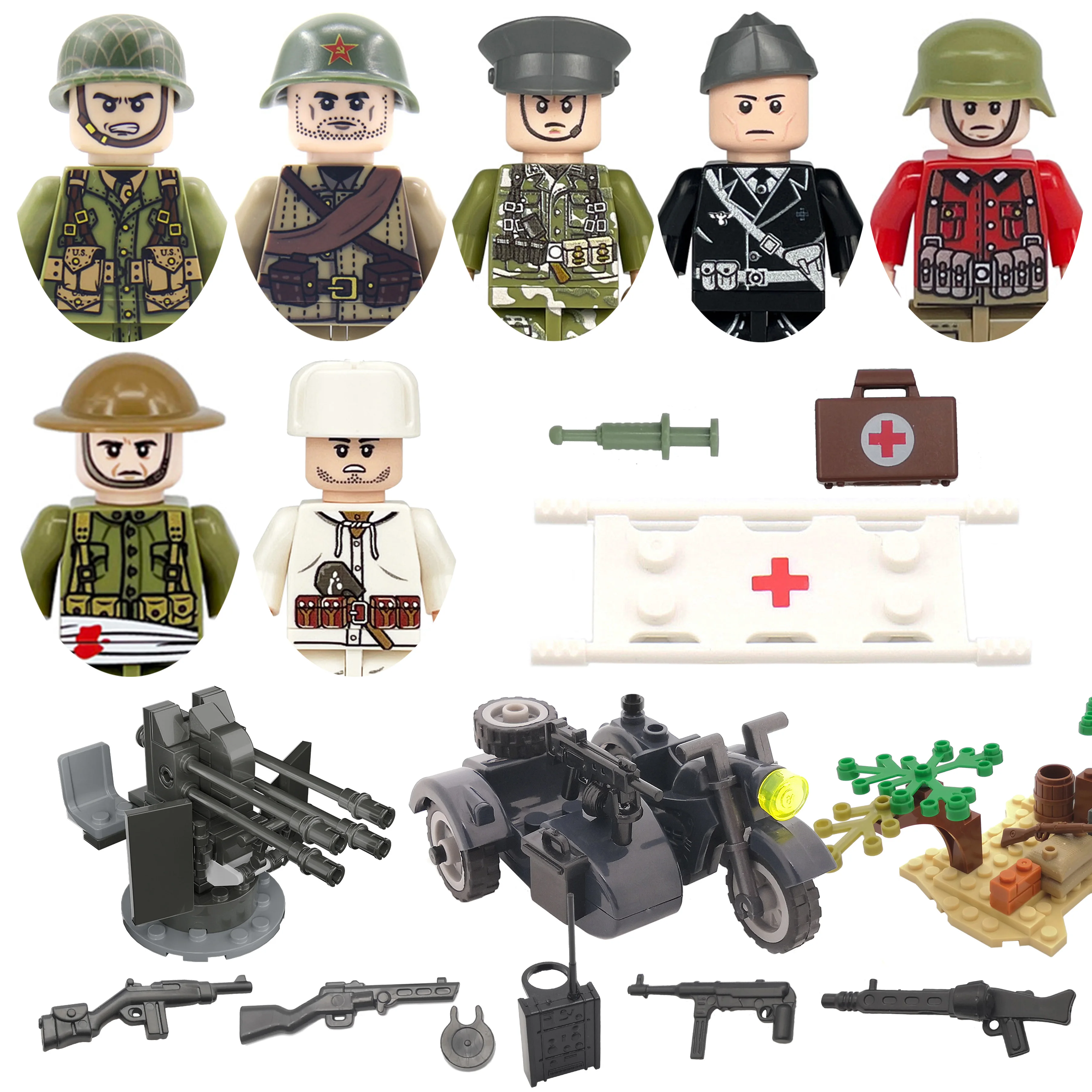 DIY WW2 Infantry Medical Corp Soldier Motorcycle Soviet US Army Military Gun Weapon Building Block Brick Children Kids Gift Toys