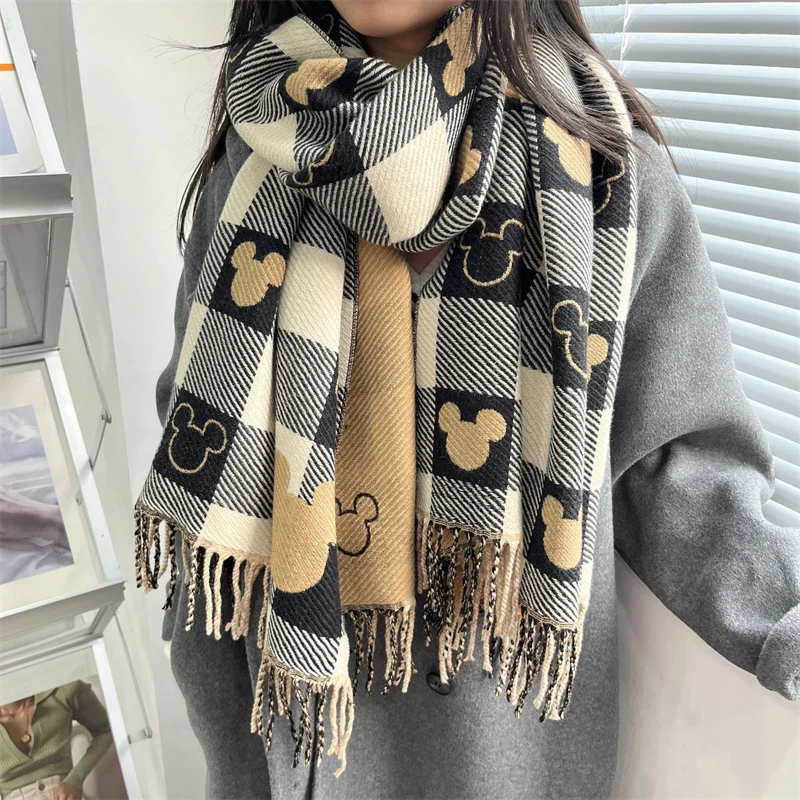 Anime Disney Mickey Mouse Scarf Winter Mickey Head Scarf Women's Shawl Retro Foreign Style Fashion Lattice Scarf Girl Gifts