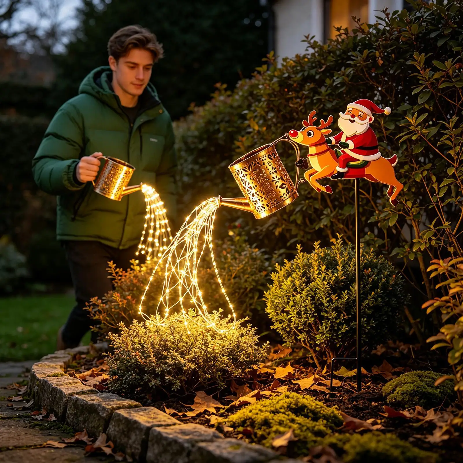 Solar Watering Can Lights Christmas Santa LED Metal Garden Decor Outdoor Yard Kettle Light Party Lantern For Pathway Patio Lawn