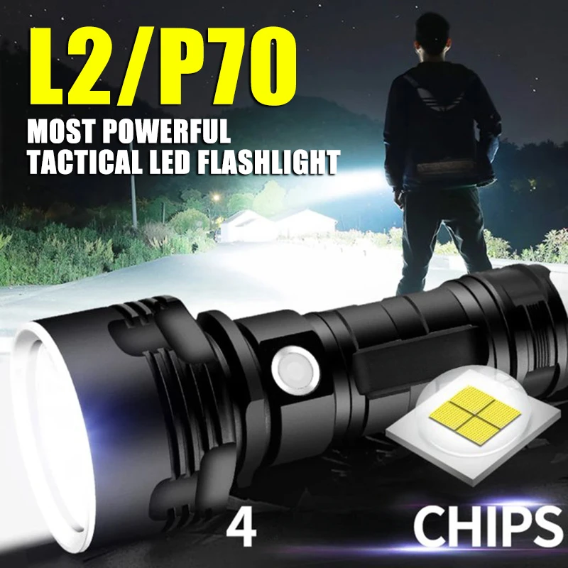 Super Powerful LED Flashlight L2 XHP70 with 26650 Battery USB Rechargeable Tactical Torch Outdoor Waterproof Caming Lantern