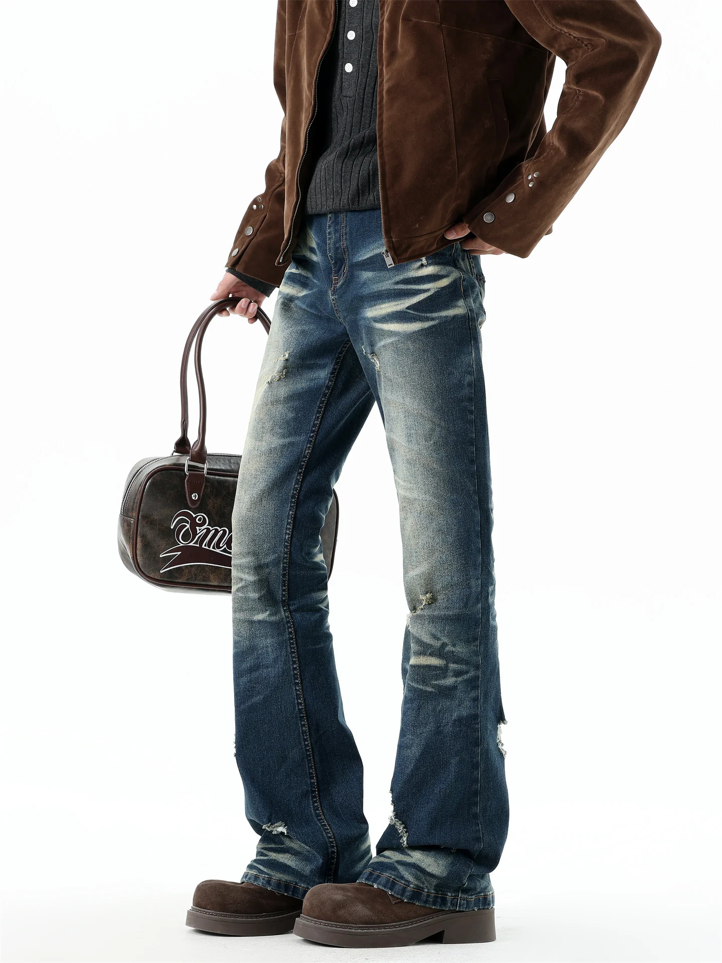 

American High Street Men's Jeans Trendy Brand Hip Hop Cracked Washed Straight Leg Micro Flared Slimming Hoof Pants