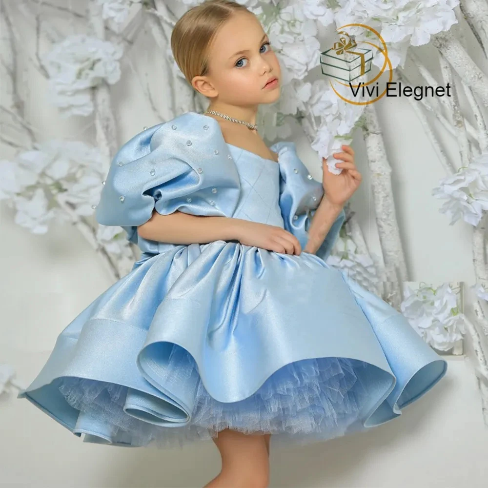 Charming Scoop Flower Girls Dresses with Beading for Baby Tutu Satin Modern Christmas Gowns 2023 Summer New فلور فتاة اللباس