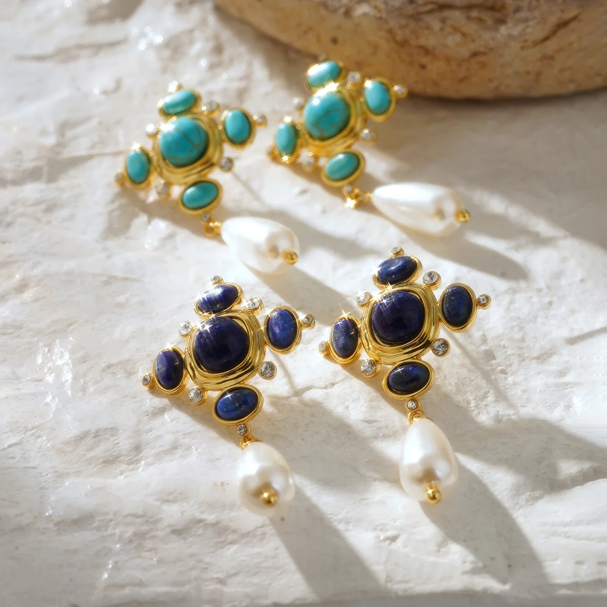 

Luxury Gold Plated Turquoise/Lapis Lazuli Drop Earrings for Women - Vintage Baroque Pearl Dangle Earrings - Hypoallergenic Gift