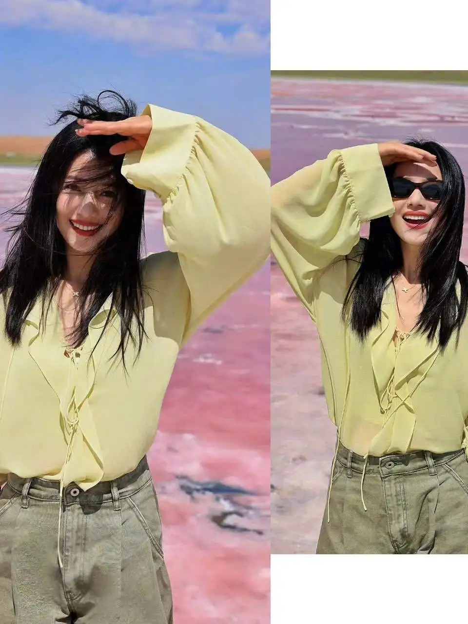 

High round Yellow Lace Trim Long Sleeve Women's Chiffon Shirt Spring Design Sense Tie Waist Top Korean Style Commute Wind