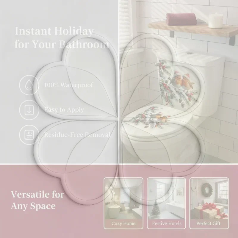 Christmas Bathroom Toilet Sticker Cute Robin Print Waterproof Self-Adhesive for Xmas Holiday Party Decoration