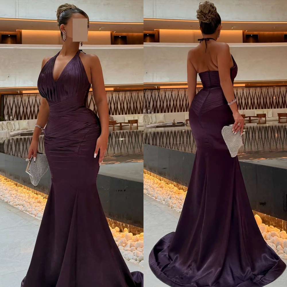 

Customized Modern Style Formal Ruched Pleat Mermaid Halter Long Dresses Bespoke Occasion Dresses Sizes Available High Quality