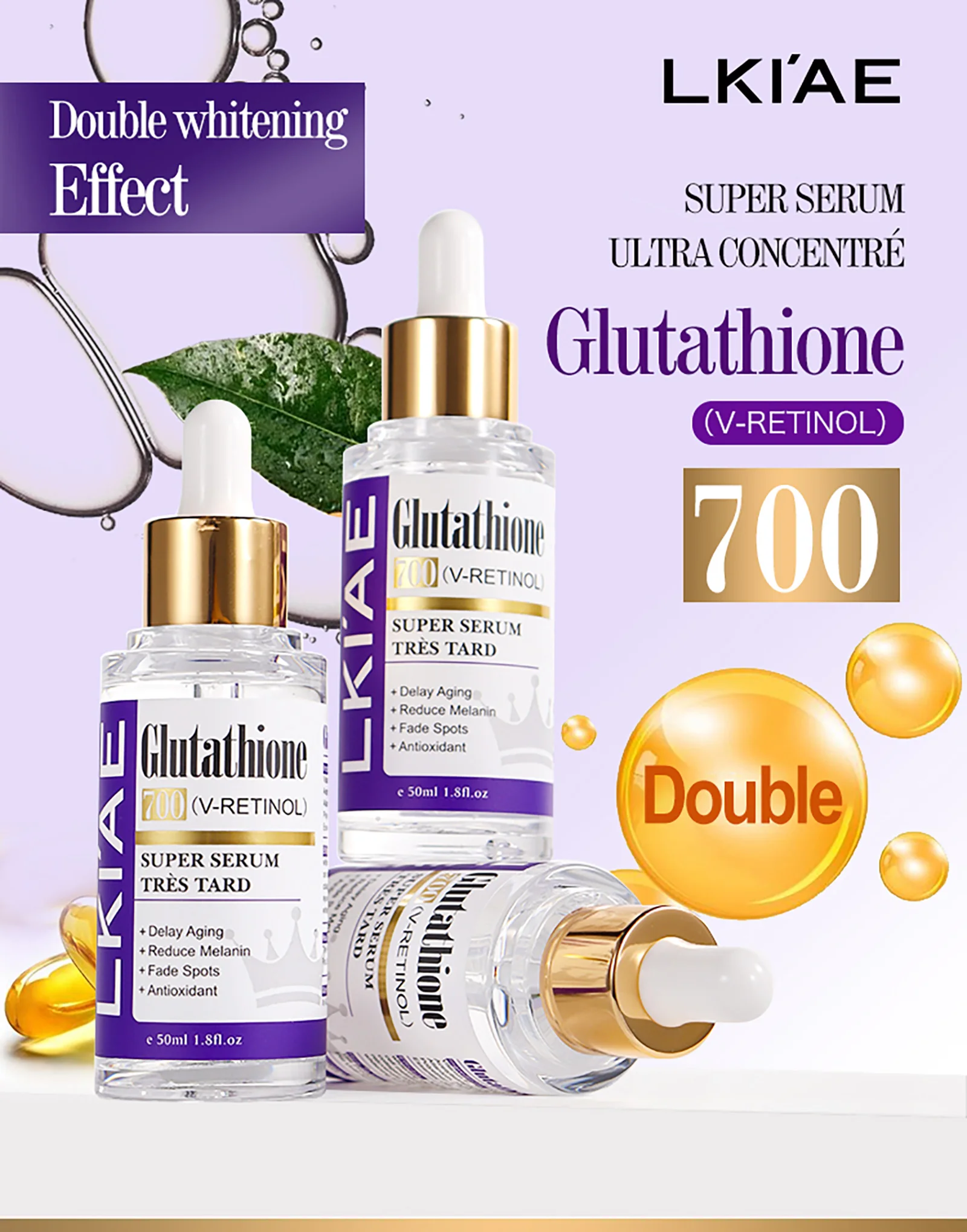 LKIAE Glutathion Whitening Gesichtsserum, entfernt Melanin, dunkle Flecken, Chloasma, mit Retinol, Niacinamid, für alle Hauttypen – Detail 1