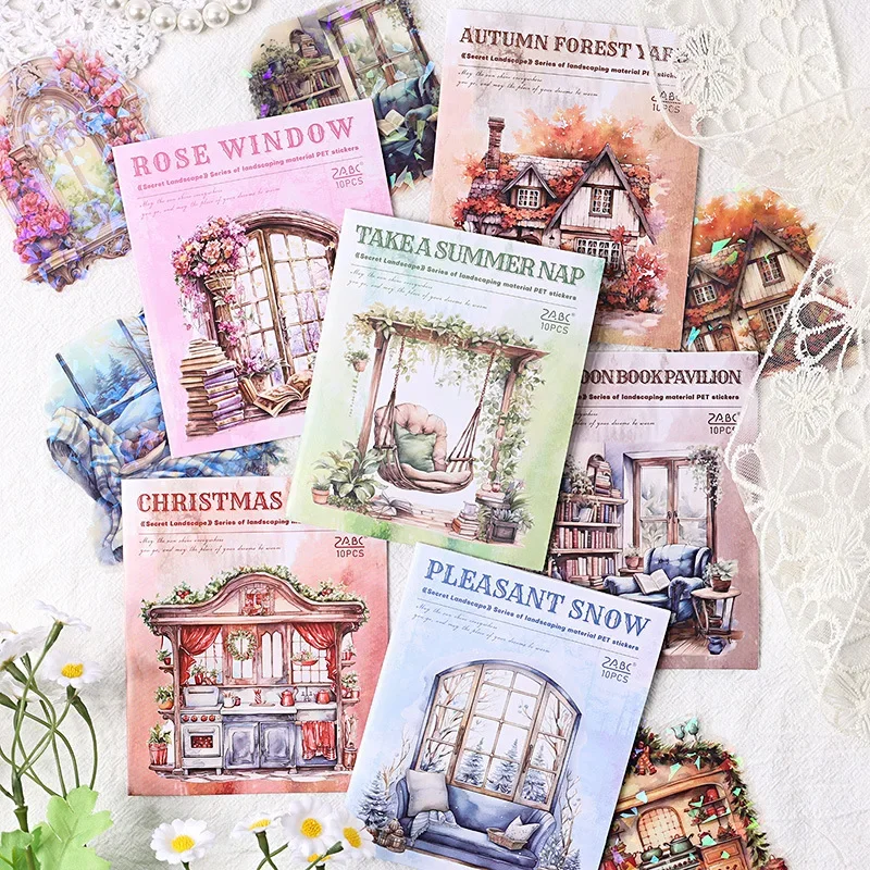 10Pcs Cozy Courtyard Series Decorative Sticker Retro House Collage Scrapbooking Label Diy Diary Album Journal Planner