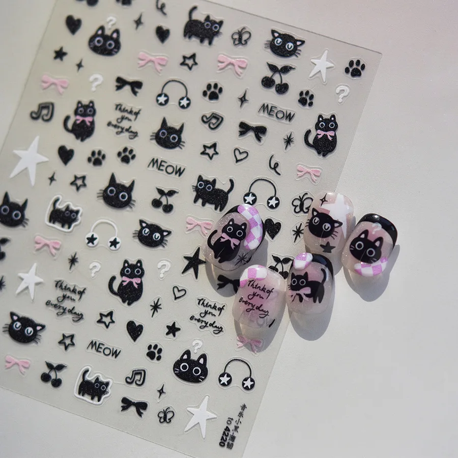 Autocollants Nail Art avec nœud papillon rose, joli petit chat noir et ours, design décalcomanie, outil de manucure, haute qualité, 1 feuille