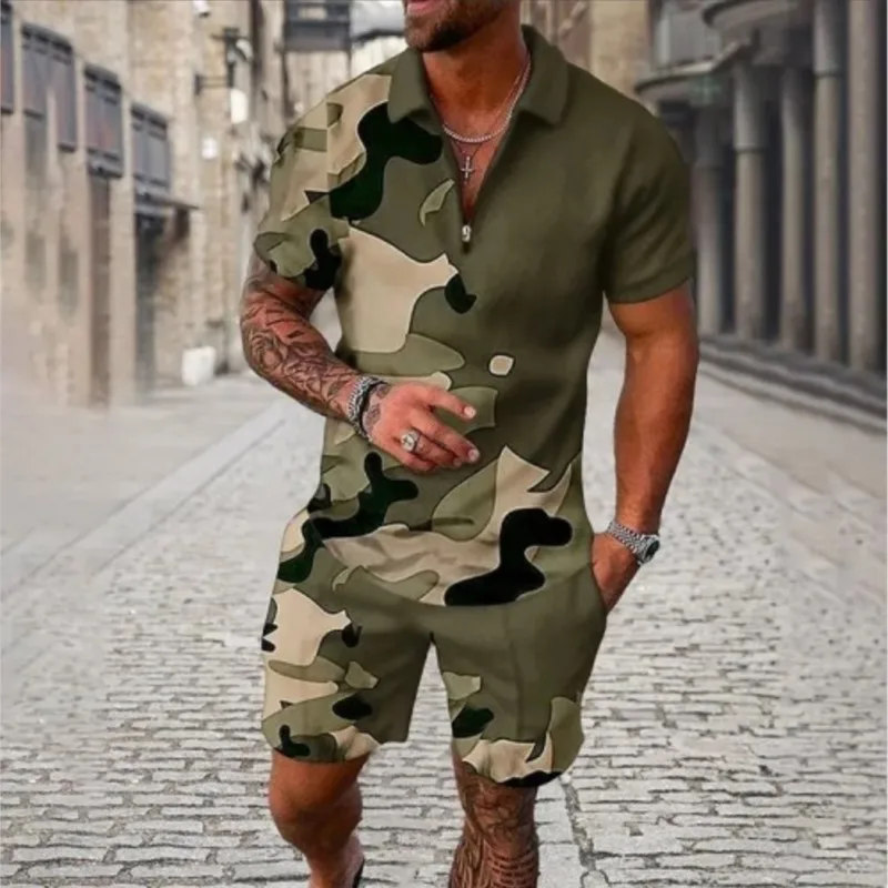 Summer Men's Athletic Polo Shirt Set Casual Mesh Lapel Short Sleeve Pullover Tops Shorts 2 Piece Sporty Flower Shirt Suits